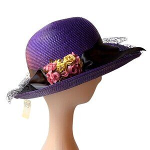 Vintage 1980s Purple Straw Hat Flowers Ribbon and Veil Trim NOS Unworn